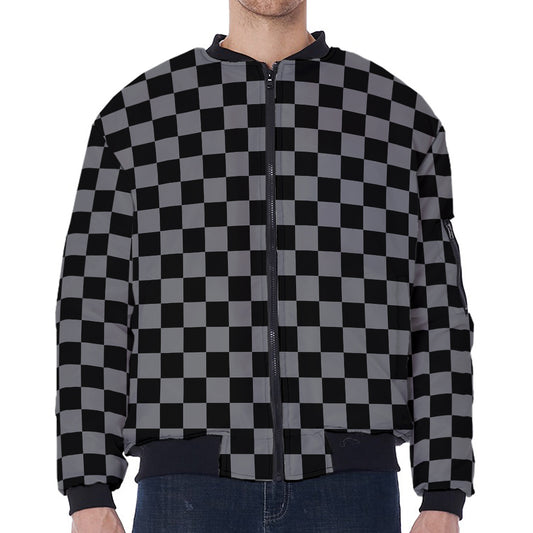 Grey And Black Checkered Pattern Print Zip Sleeve Bomber Jacket