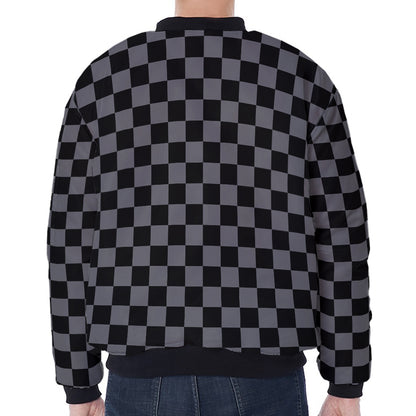 Grey And Black Checkered Pattern Print Zip Sleeve Bomber Jacket