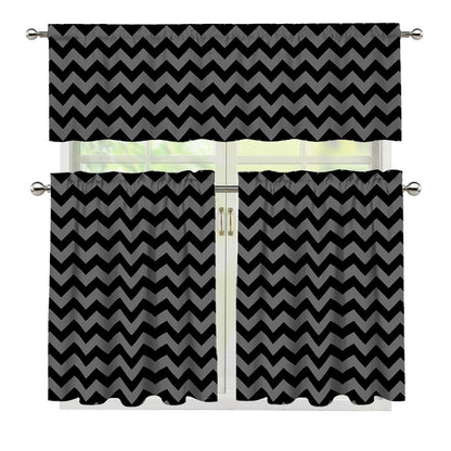 Grey And Black Chevron Pattern Print 3 Piece Kitchen Curtains