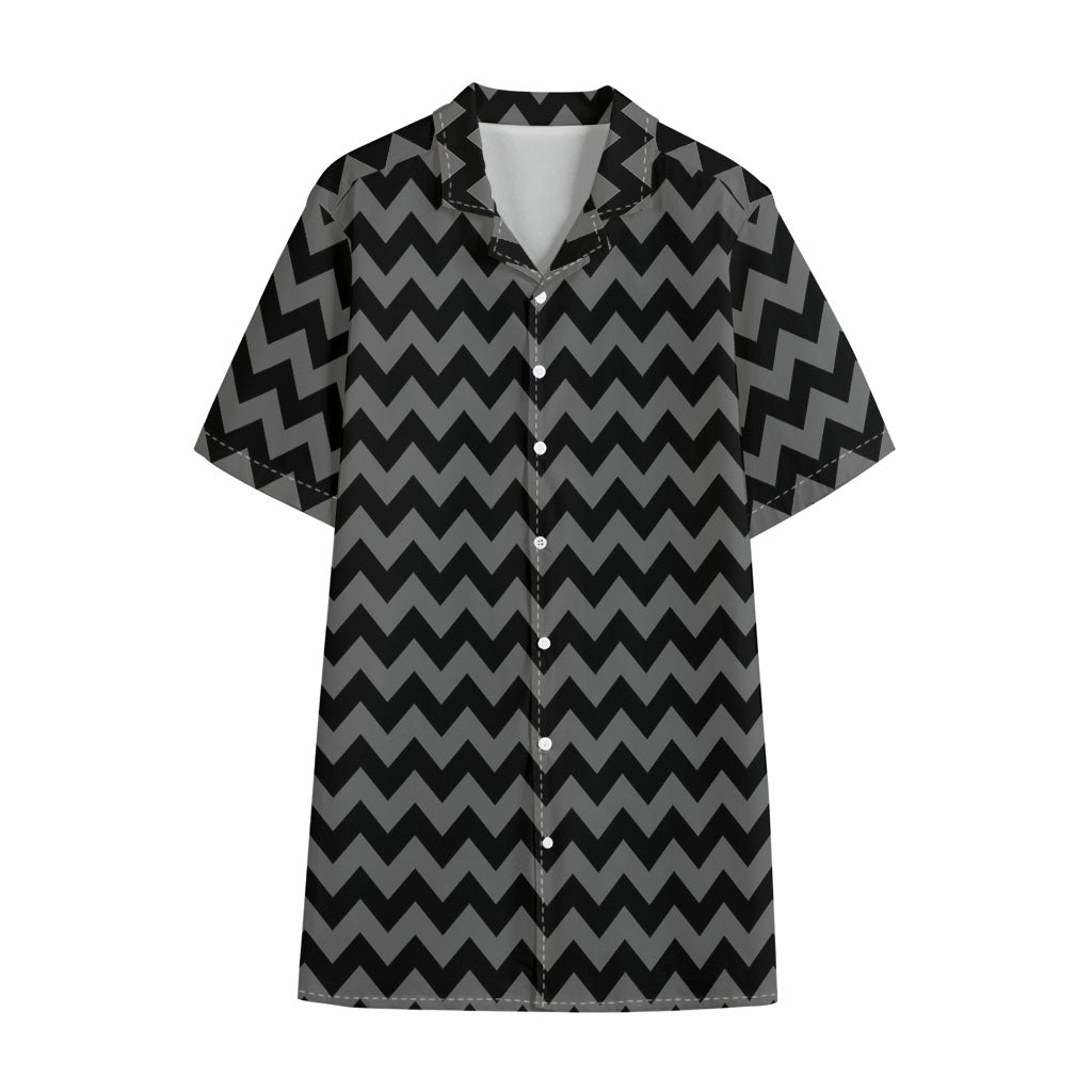 Grey And Black Chevron Pattern Print Cotton Hawaiian Shirt