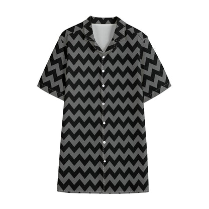 Grey And Black Chevron Pattern Print Cotton Hawaiian Shirt