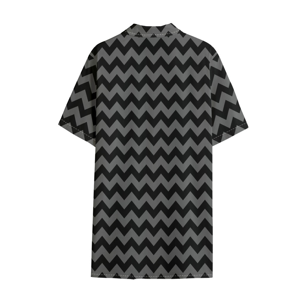 Grey And Black Chevron Pattern Print Cotton Hawaiian Shirt