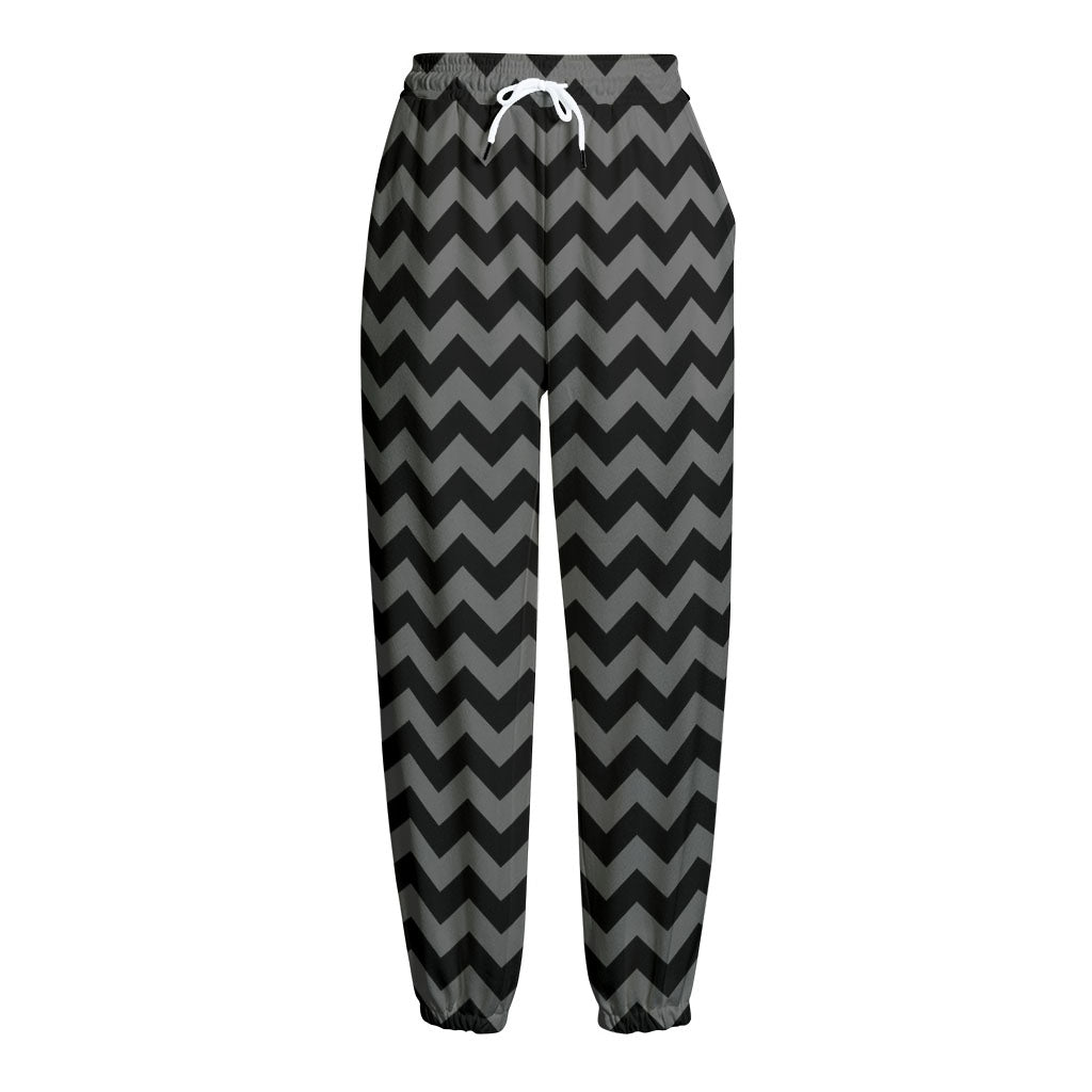 Grey And Black Chevron Pattern Print Fleece Lined Knit Pants