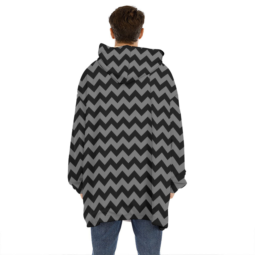 Grey And Black Chevron Pattern Print Hoodie Blanket