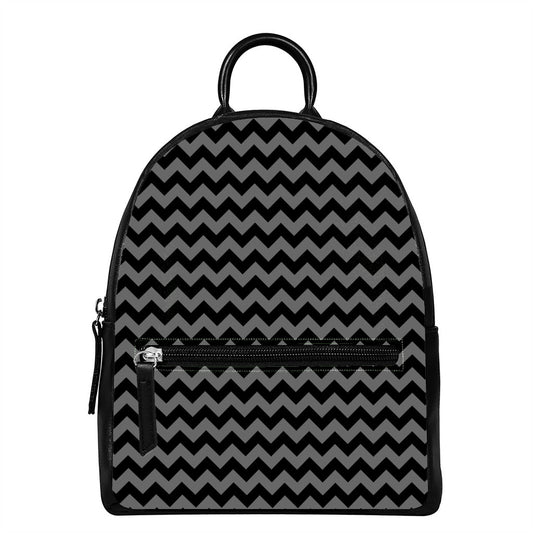 Grey And Black Chevron Pattern Print Leather Backpack