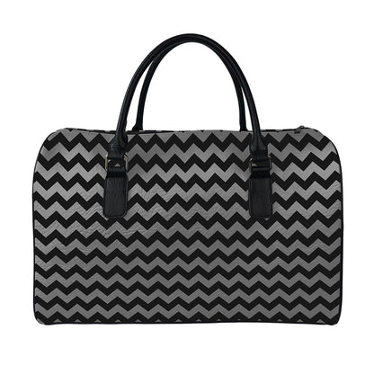 Grey And Black Chevron Pattern Print Leather Duffle Bag