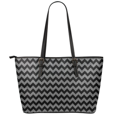 Grey And Black Chevron Pattern Print Leather Tote Bag