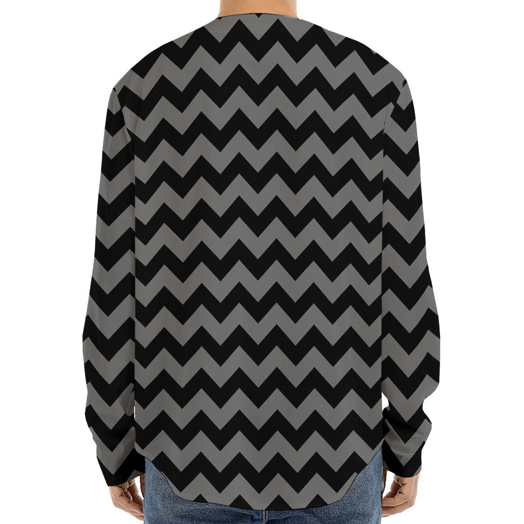 Grey And Black Chevron Pattern Print Long Sleeve Baseball Jersey
