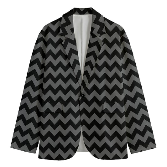 Grey And Black Chevron Pattern Print Men's Cotton Blazer