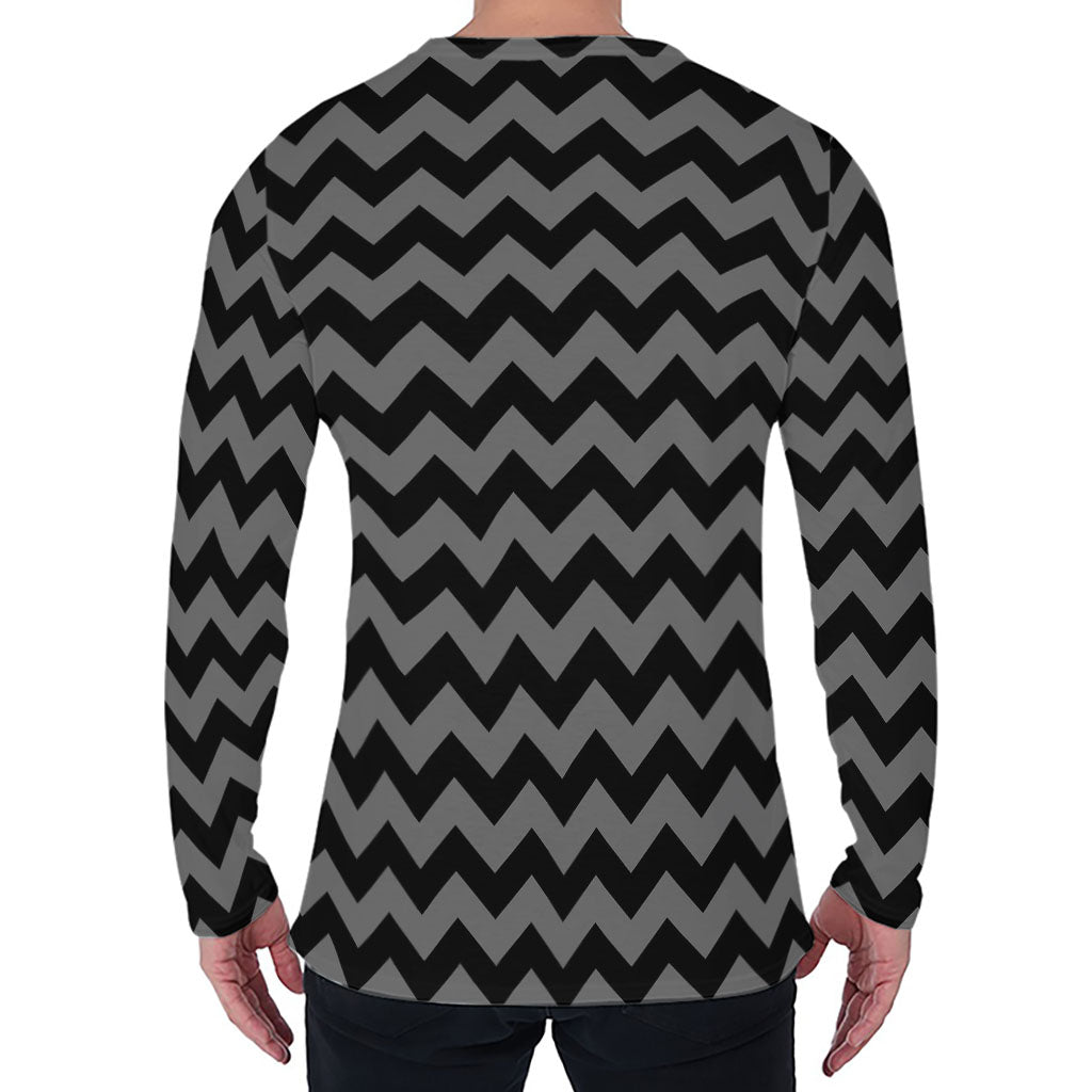 Grey And Black Chevron Pattern Print Men's Long Sleeve T-Shirt