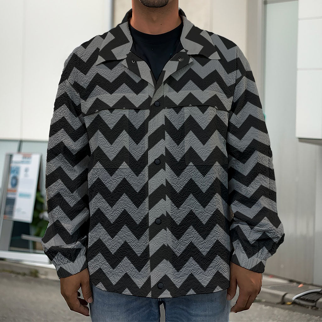 Grey And Black Chevron Pattern Print Men's Shirt Jacket