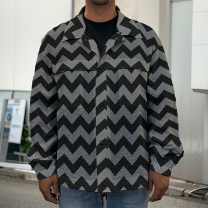 Grey And Black Chevron Pattern Print Men's Shirt Jacket