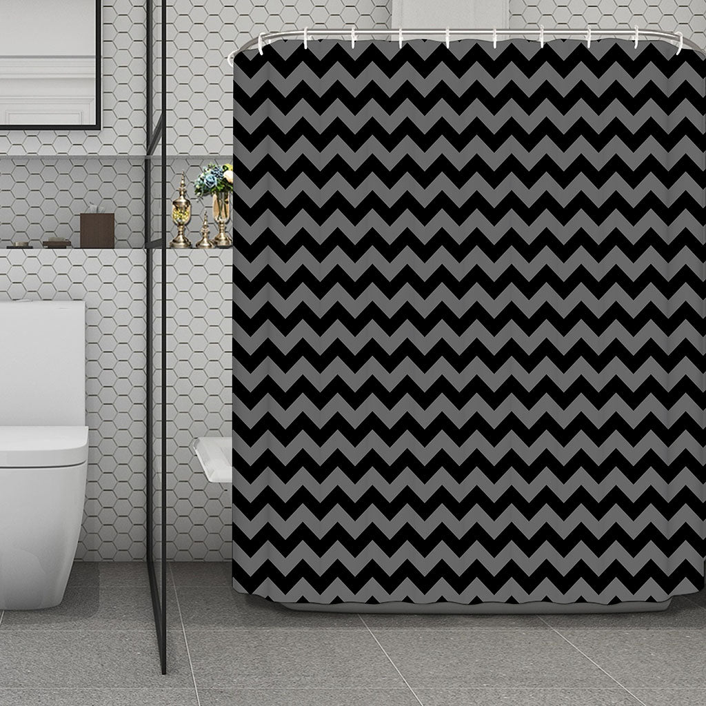 Grey And Black Chevron Pattern Print Polyester Shower Curtain