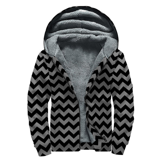 Grey And Black Chevron Pattern Print Sherpa Lined Zip Up Hoodie