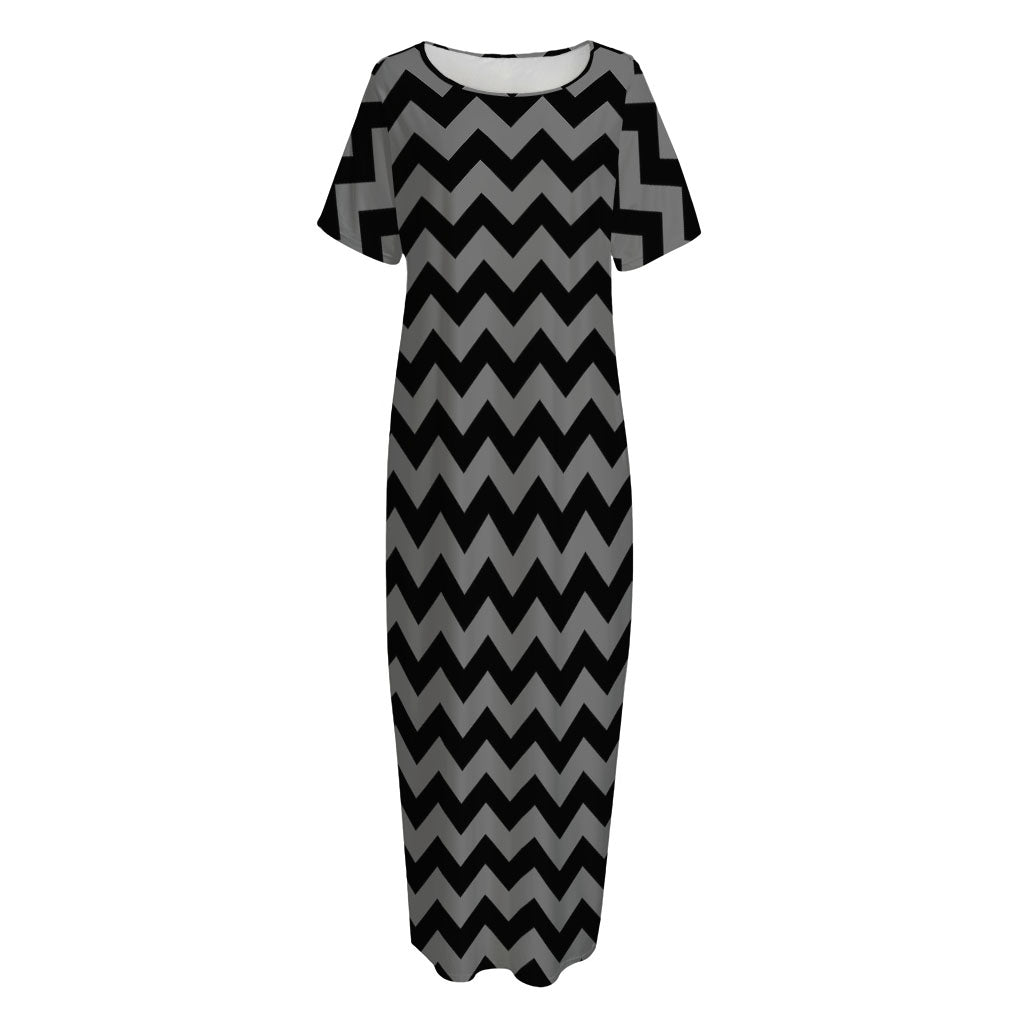 Grey And Black Chevron Pattern Print Short Sleeve Long Nightdress