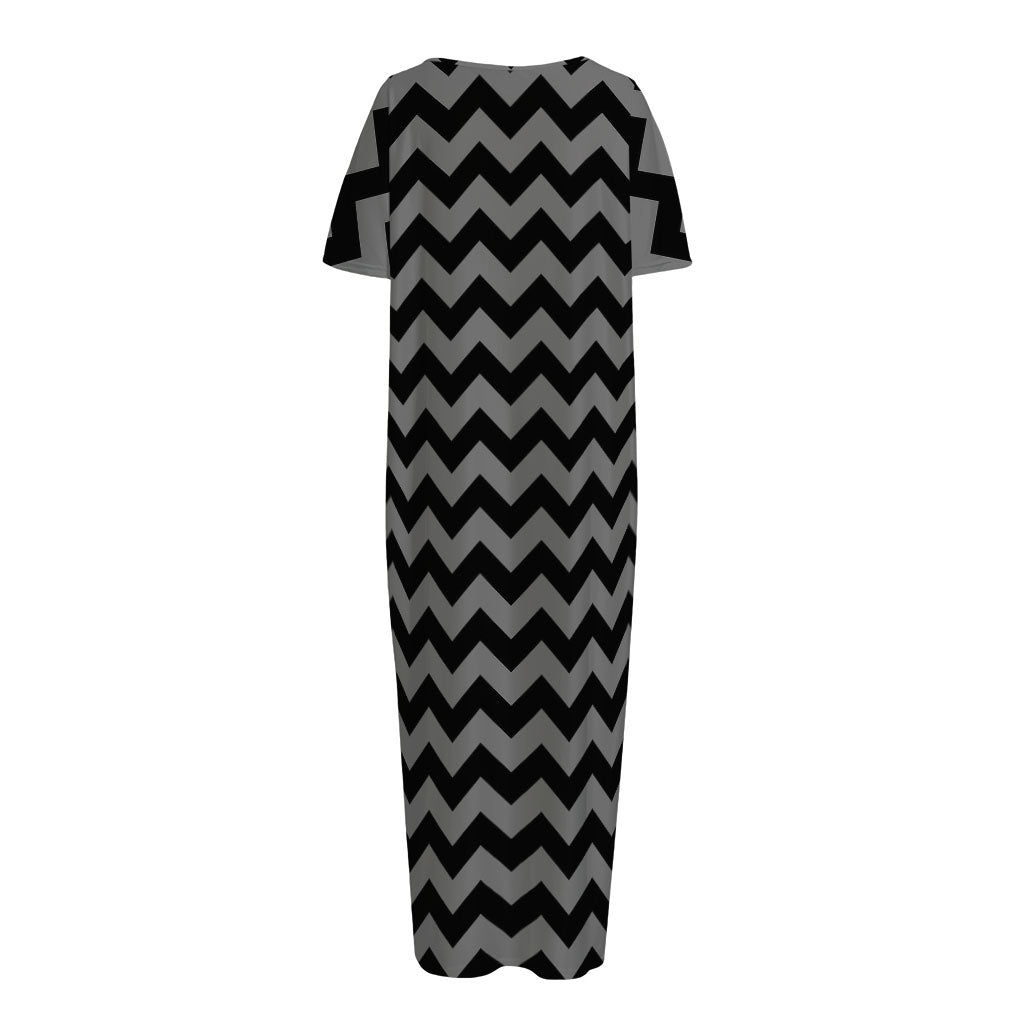 Grey And Black Chevron Pattern Print Short Sleeve Long Nightdress