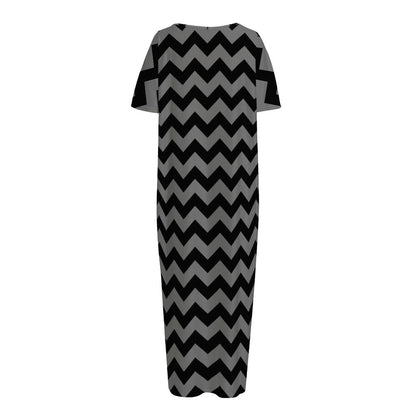 Grey And Black Chevron Pattern Print Short Sleeve Long Nightdress