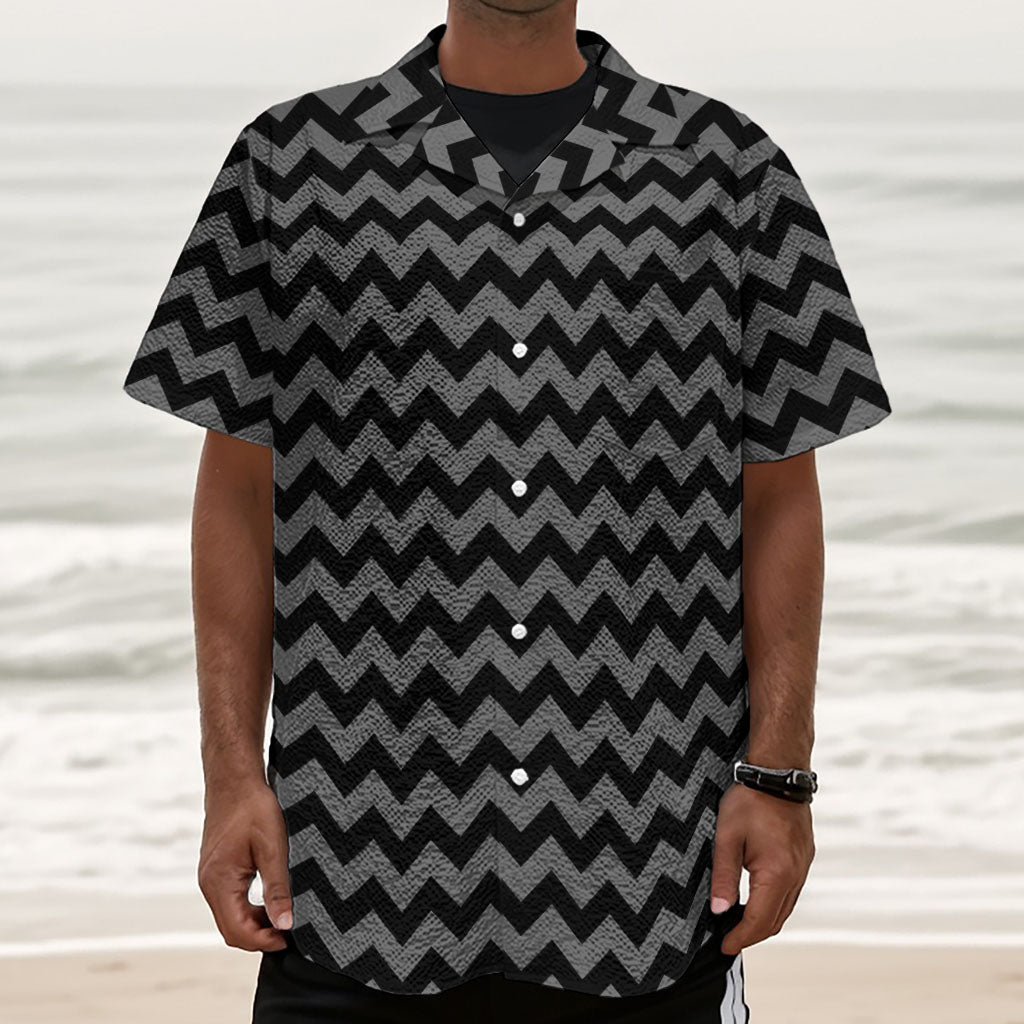 Grey And Black Chevron Pattern Print Textured Short Sleeve Shirt