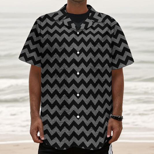 Grey And Black Chevron Pattern Print Textured Short Sleeve Shirt