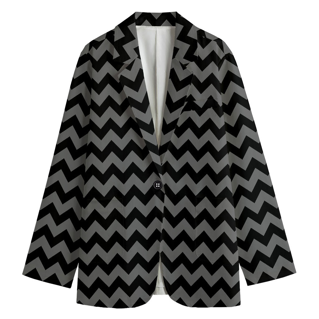 Grey And Black Chevron Pattern Print Women's Cotton Blazer