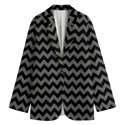 Grey And Black Chevron Pattern Print Women's Cotton Blazer