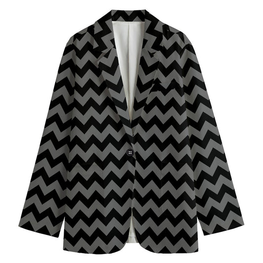 Grey And Black Chevron Pattern Print Women's Cotton Blazer