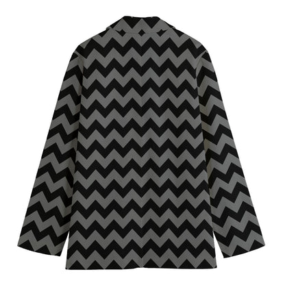 Grey And Black Chevron Pattern Print Women's Cotton Blazer
