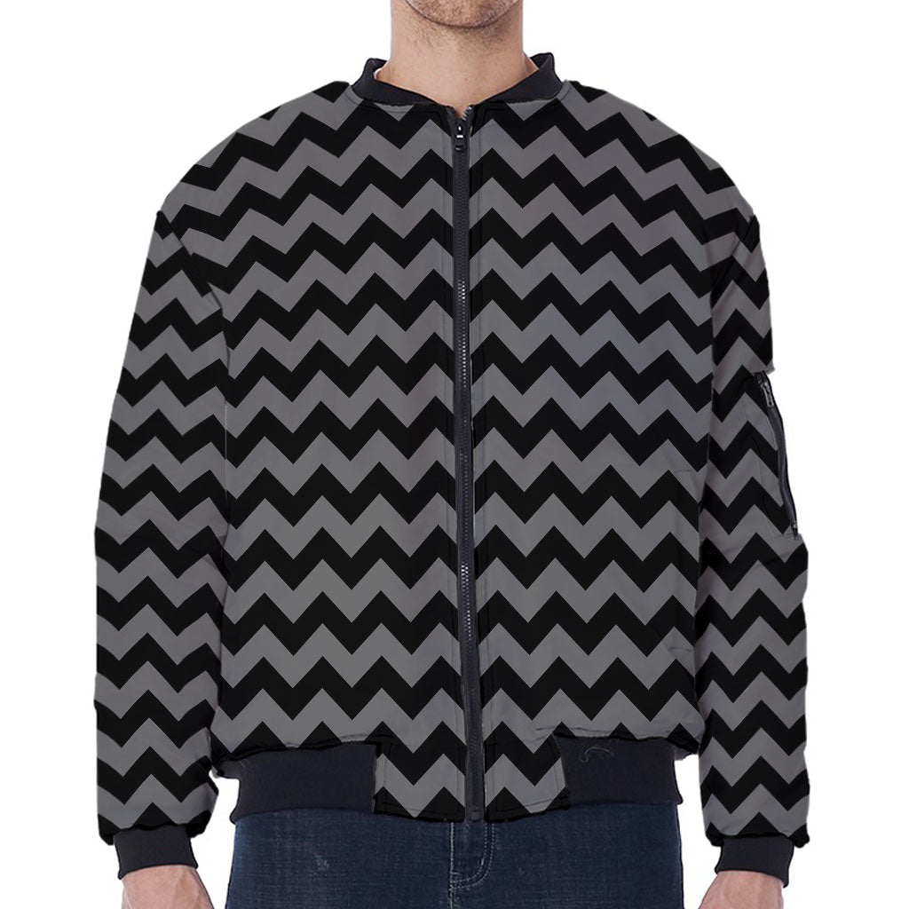 Grey And Black Chevron Pattern Print Zip Sleeve Bomber Jacket