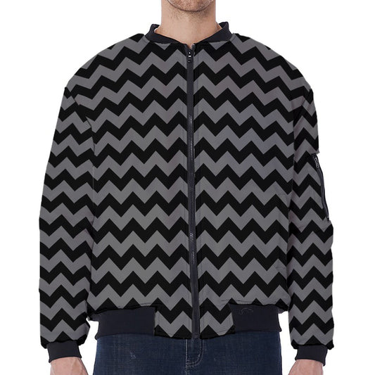 Grey And Black Chevron Pattern Print Zip Sleeve Bomber Jacket