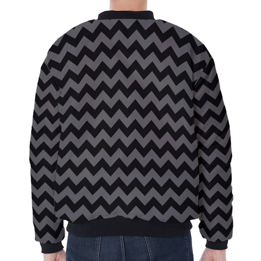 Grey And Black Chevron Pattern Print Zip Sleeve Bomber Jacket