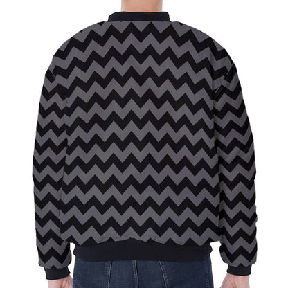 Grey And Black Chevron Pattern Print Zip Sleeve Bomber Jacket