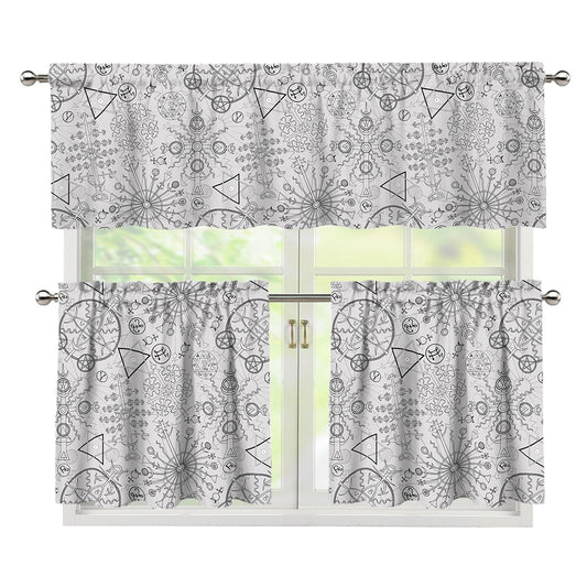 Grey And Black Mystical Wiccan Print 3 Piece Kitchen Curtains