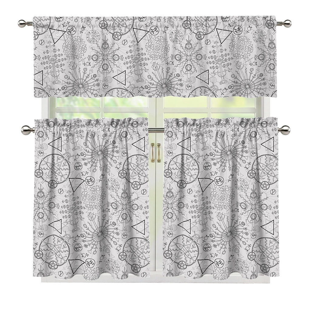 Grey And Black Mystical Wiccan Print 3 Piece Kitchen Curtains