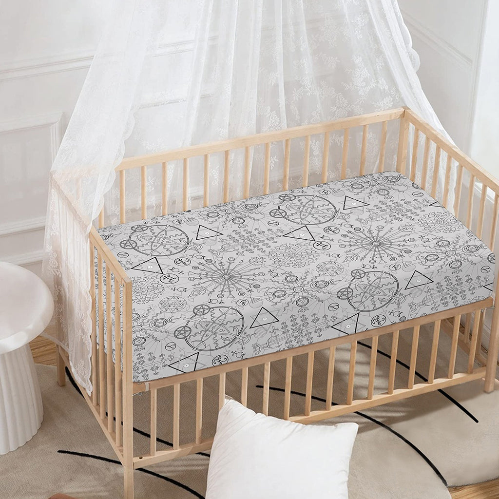 Grey And Black Mystical Wiccan Print Baby Crib Sheet