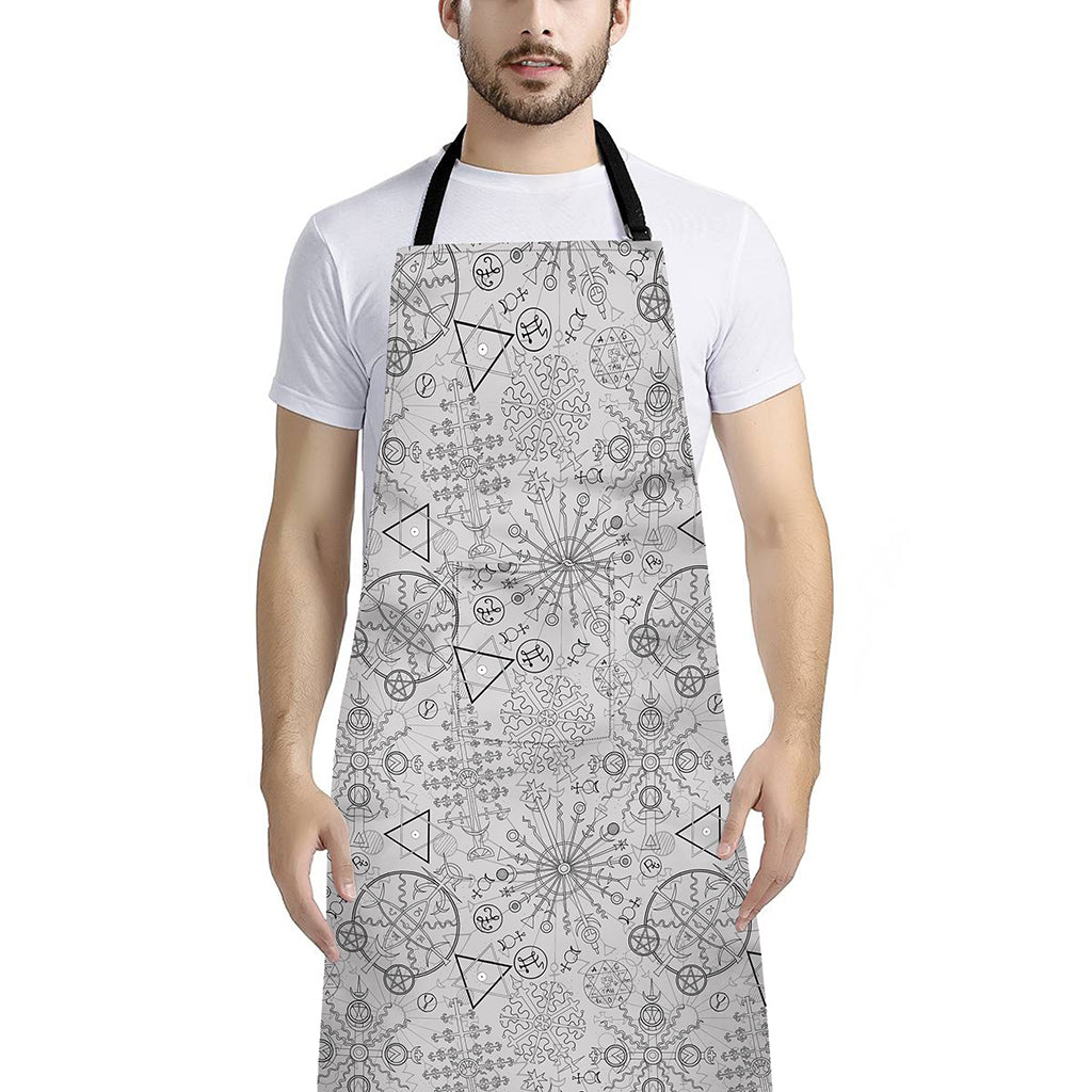 Grey And Black Mystical Wiccan Print Bib Apron With Pocket
