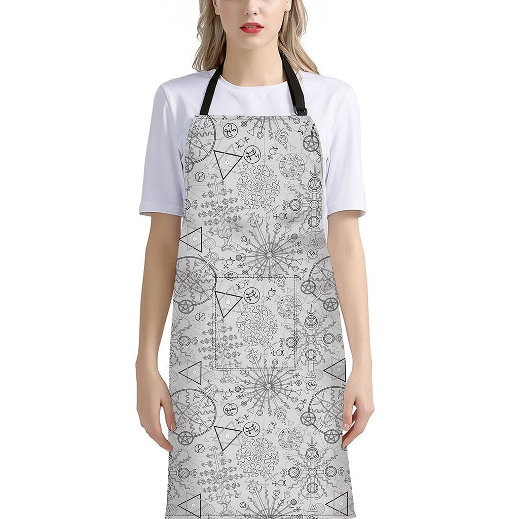 Grey And Black Mystical Wiccan Print Bib Apron With Pocket