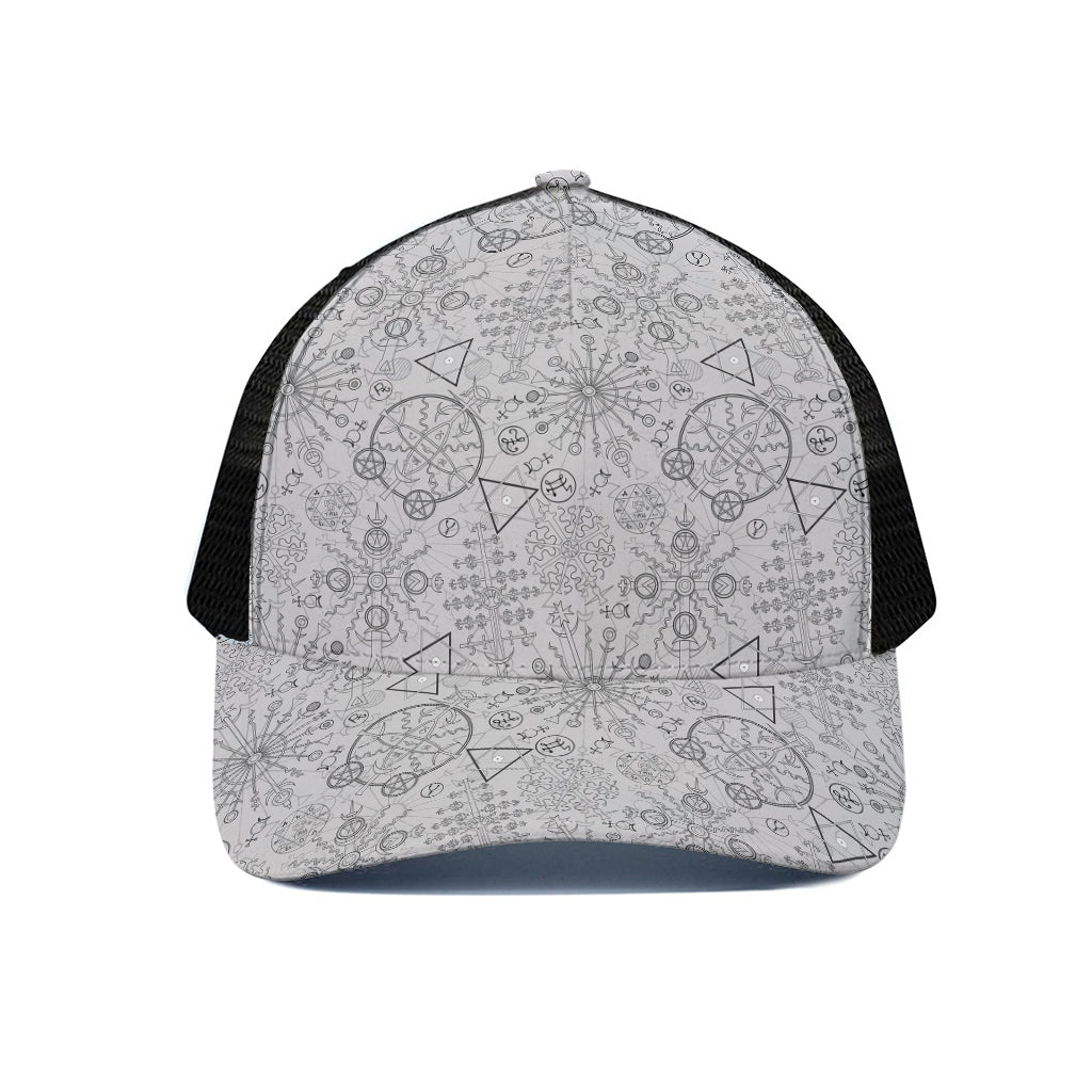 Grey And Black Mystical Wiccan Print Black Mesh Trucker Cap