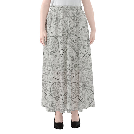 Grey And Black Mystical Wiccan Print Chiffon Maxi Skirt