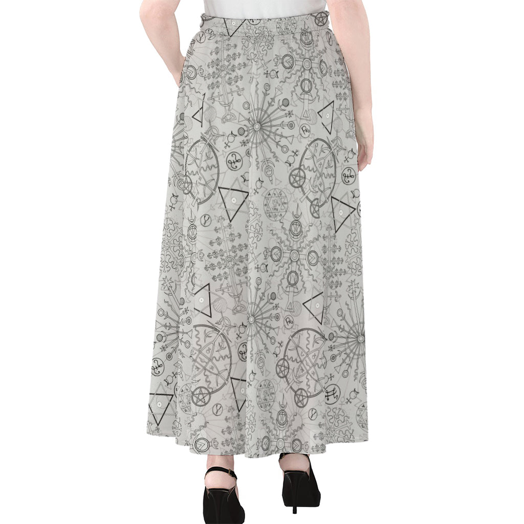 Grey And Black Mystical Wiccan Print Chiffon Maxi Skirt