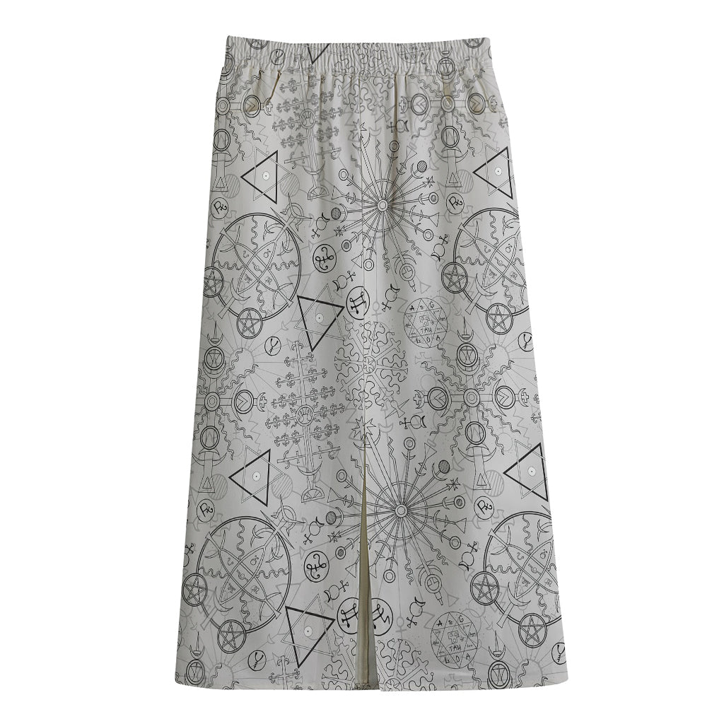 Grey And Black Mystical Wiccan Print Cotton Front Slit Maxi Skirt