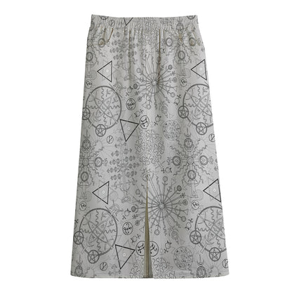 Grey And Black Mystical Wiccan Print Cotton Front Slit Maxi Skirt