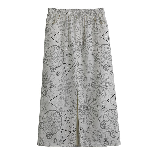 Grey And Black Mystical Wiccan Print Cotton Front Slit Maxi Skirt