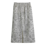 Grey And Black Mystical Wiccan Print Cotton Front Slit Maxi Skirt