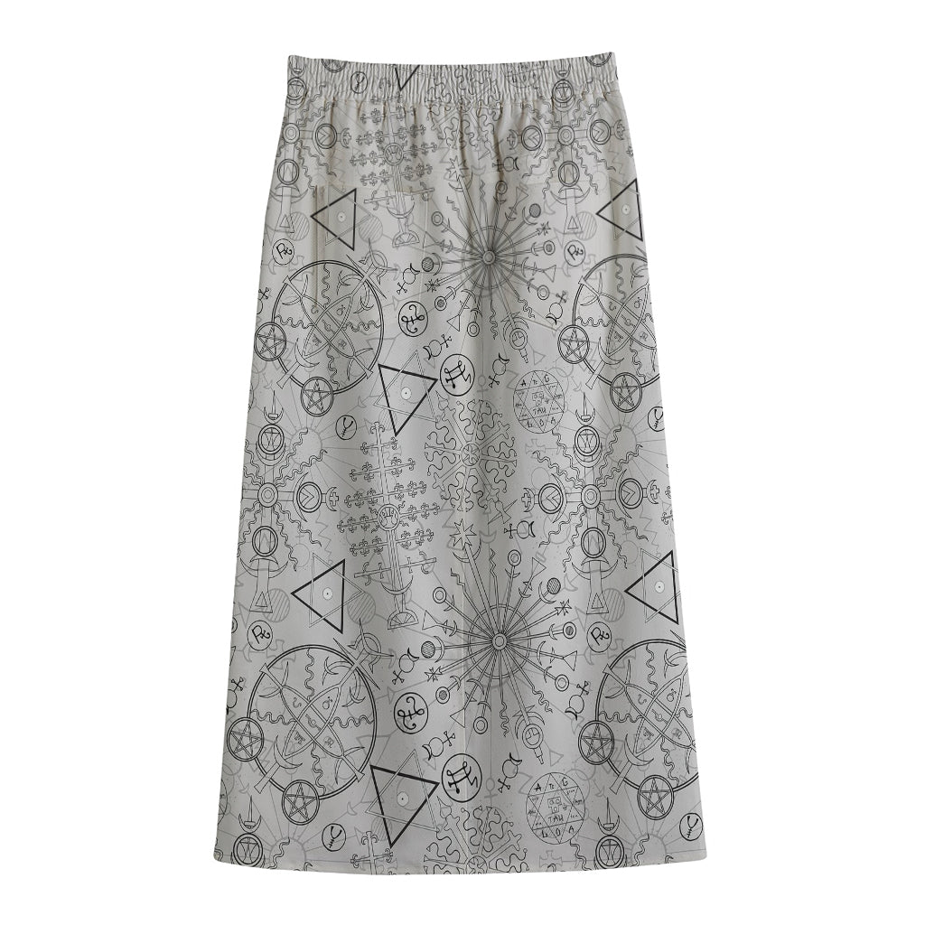 Grey And Black Mystical Wiccan Print Cotton Front Slit Maxi Skirt