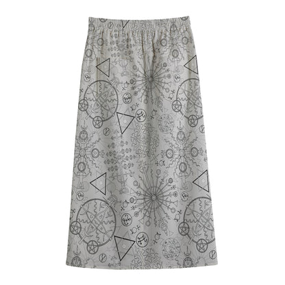 Grey And Black Mystical Wiccan Print Cotton Front Slit Maxi Skirt
