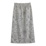 Grey And Black Mystical Wiccan Print Cotton Front Slit Maxi Skirt