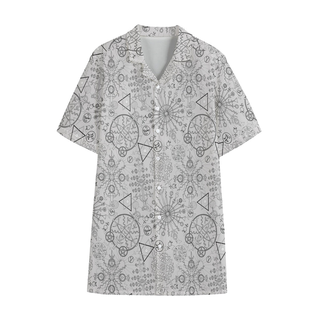 Grey And Black Mystical Wiccan Print Cotton Hawaiian Shirt