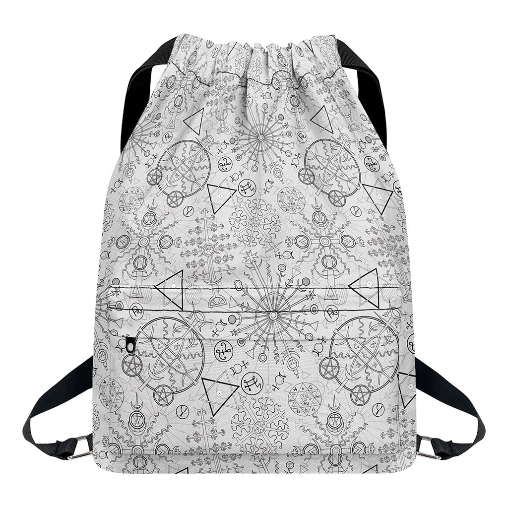 Grey And Black Mystical Wiccan Print Drawstring Backpack