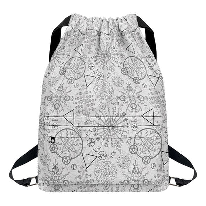 Grey And Black Mystical Wiccan Print Drawstring Backpack
