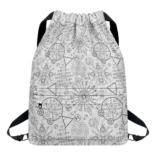 Grey And Black Mystical Wiccan Print Drawstring Backpack